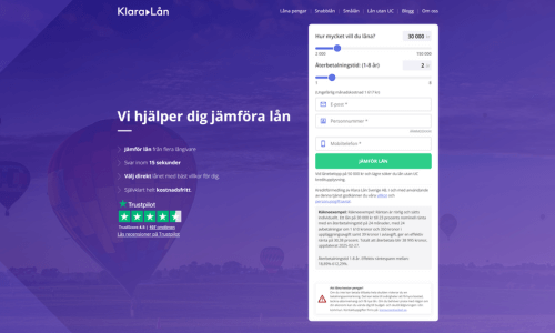 Skärmdump av webbplatsen för KlaraLån